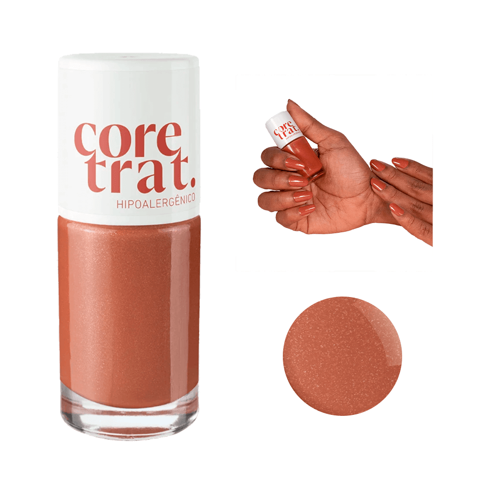Esmalte Blant Coretrat Pedra do Sol frasco e amostra da cor terracota metálica