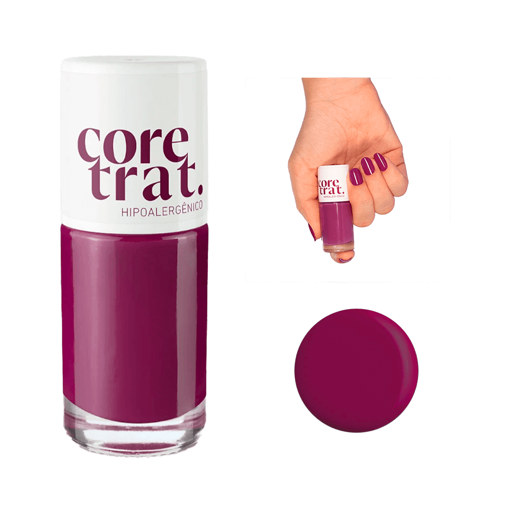 Frasco de esmalte Blant Coretrat na cor vinho com mão segurando o produto e amostra da cor