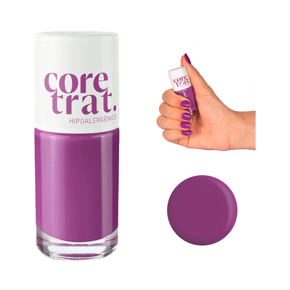 Esmalte Blant Coretrat Viver a Vida frasco com tampa branca e amostra da cor lilás