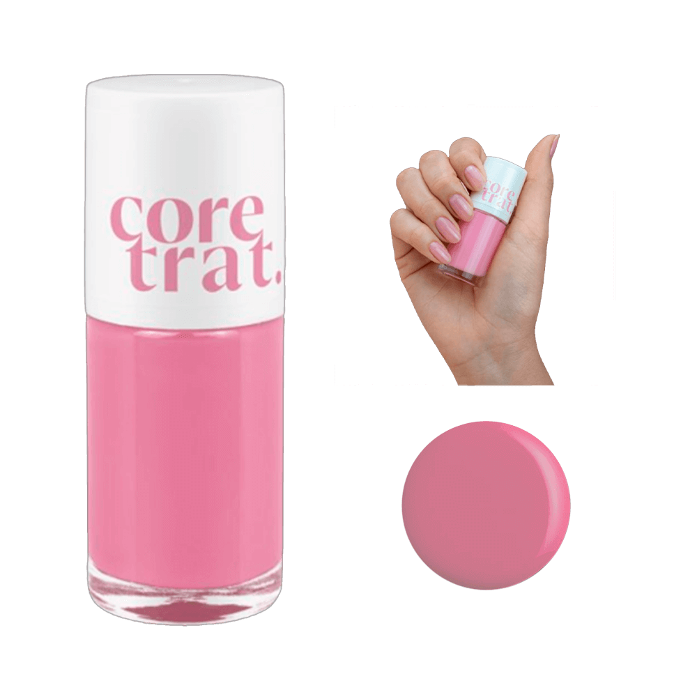 Esmalte Blant Coretrat Diamante Rosa - frasco transparente com esmalte rosa e mão segurando o produto
