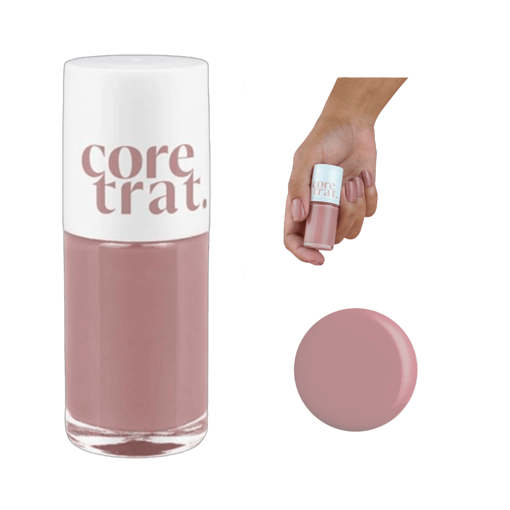 Esmalte Blant Coretrat Pele a Pele em frasco com amostra da cor e mão com unhas pintadas