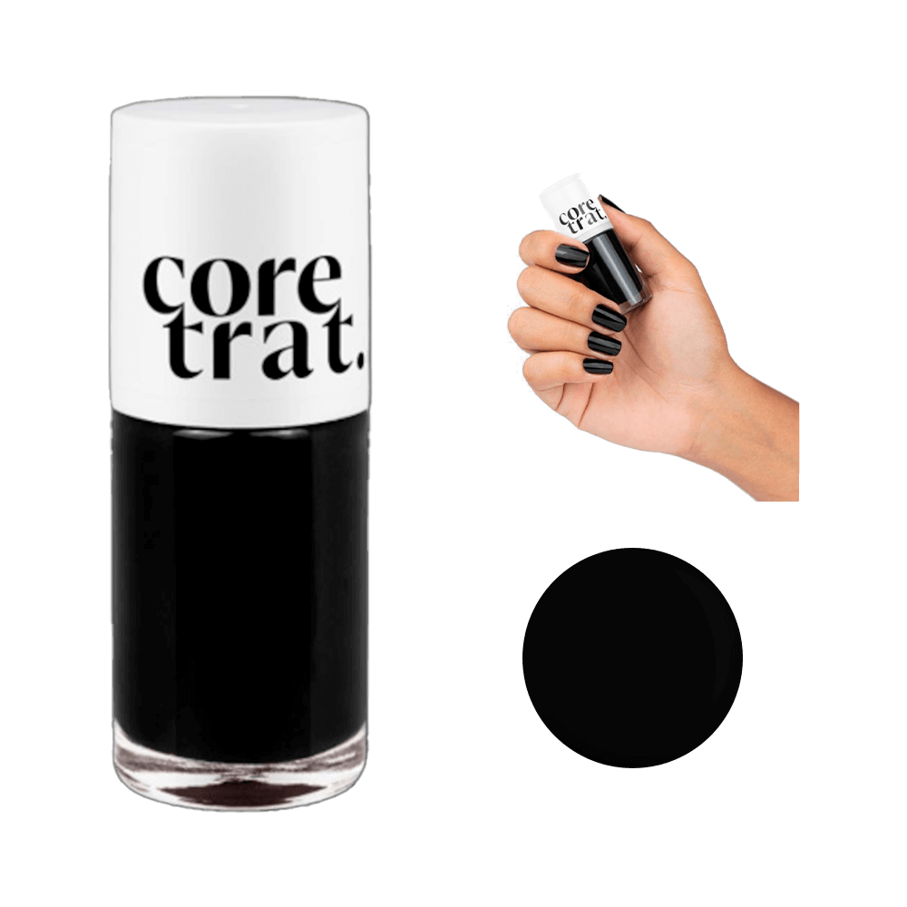 Esmalte Blant Coretrat Puro Dark frasco preto translúcido e mão com unhas pintadas