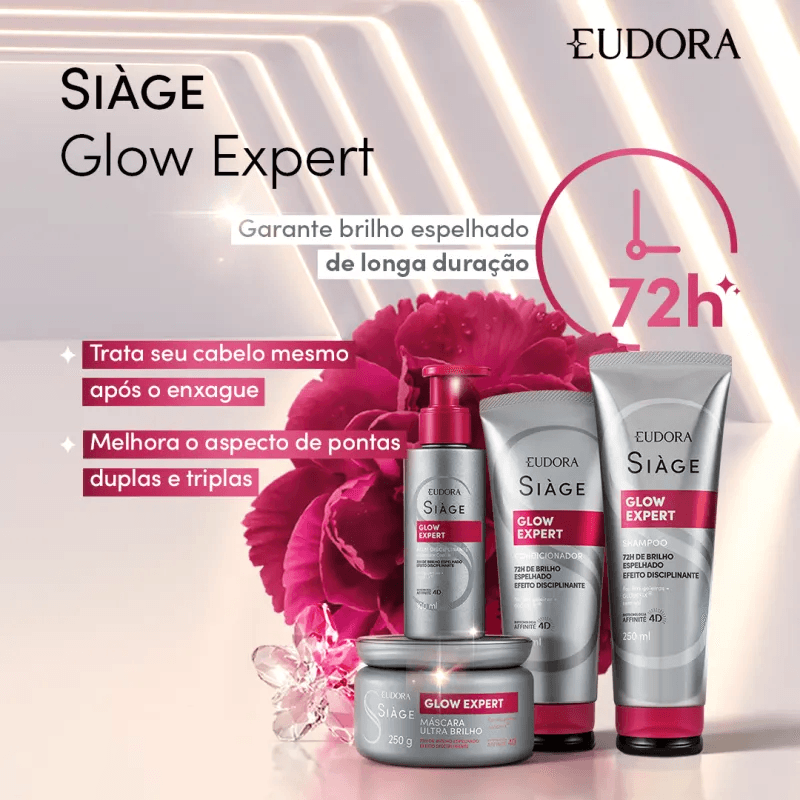 Linha Siàge Glow Expert com destaque para brilho espelhado e embalagem prateada