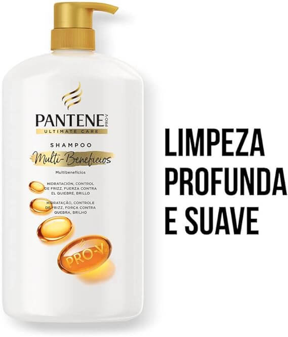 Imagem do frasco branco do Shampoo Pantene Ultimate Care com destaque para benefícios