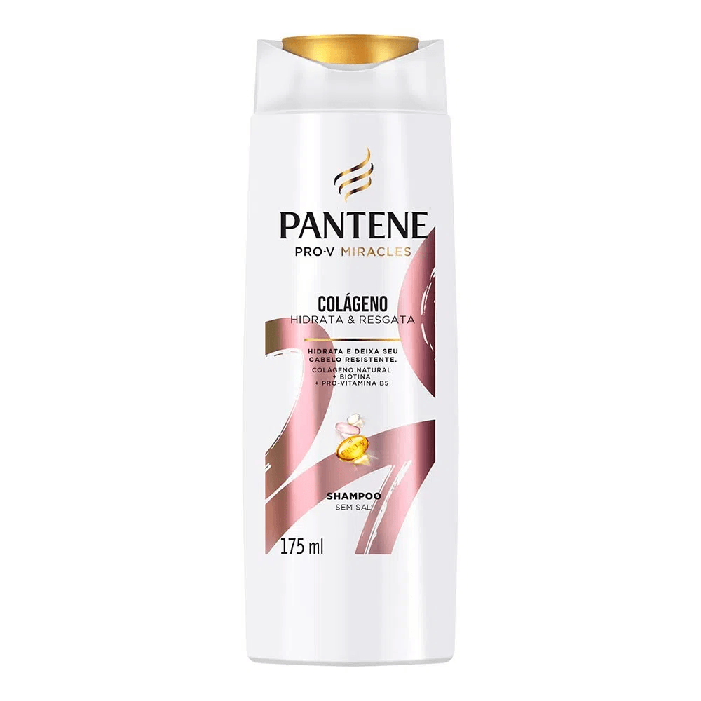 Frasco frontal do Shampoo Pantene Colágeno Hidrata & Resgata 175ml em fundo branco