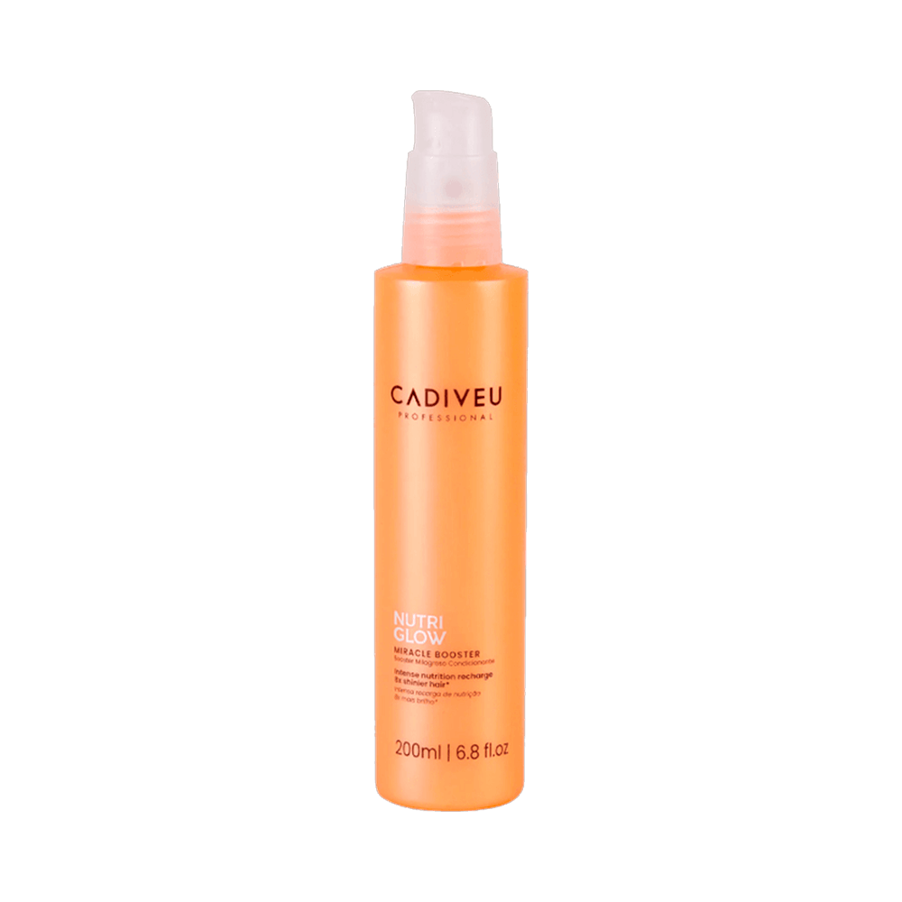 Frasco frontal do Fluido Cadiveu Nutri Glow Booster 200ml laranja com pump branco
