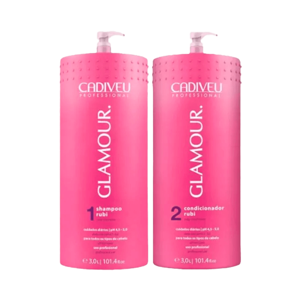 Kit Cadiveu Glamour Plus Rubi Shampoo e Condicionador 3000ml - embalagens rosa com bomba dosadora