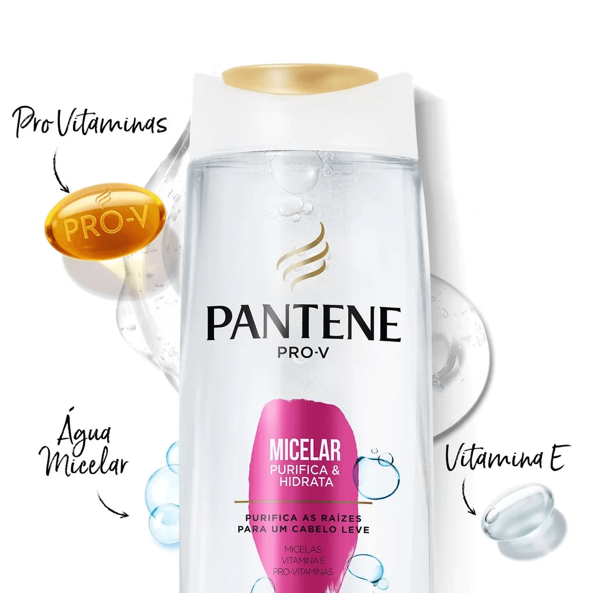 Frasco de shampoo Pantene Pro-V Micelar com gotas translúcidas e destaque para vitamina E