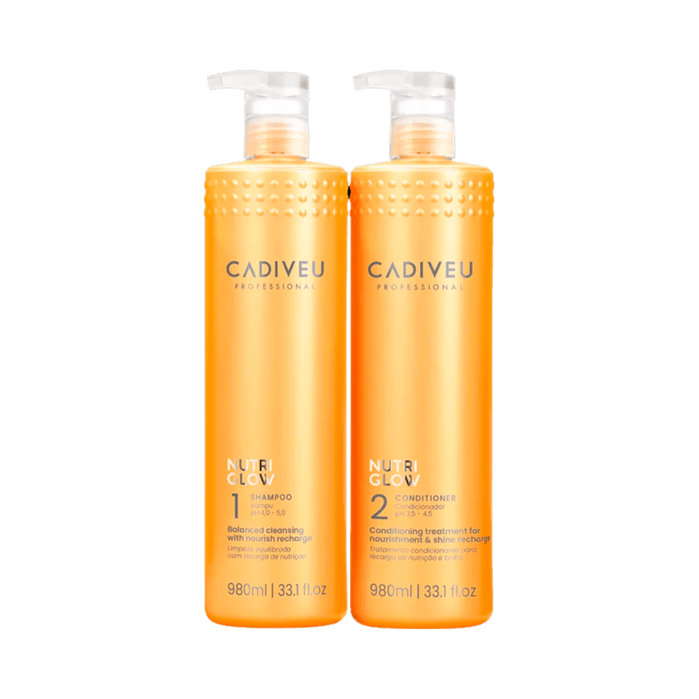 Kit Cadiveu Nutri Glow Shampoo e Condicionador 980ml - frascos laranja com pump branca