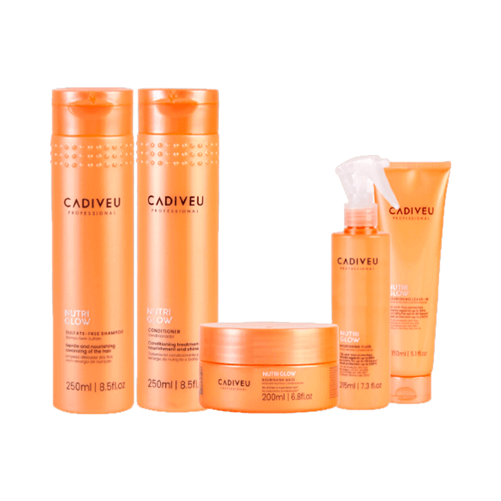 Kit Cadiveu Nutri-Glow composto por cinco produtos em embalagem laranja: shampoo 250ml, condicionador 250ml, máscara 200ml, spray 215ml e leave-in 150ml