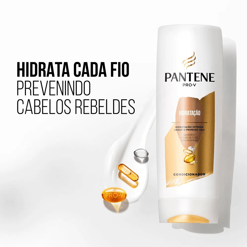 Imagem informativa do condicionador Pantene Pro-V Hidratação 175ml com destaque das propriedades