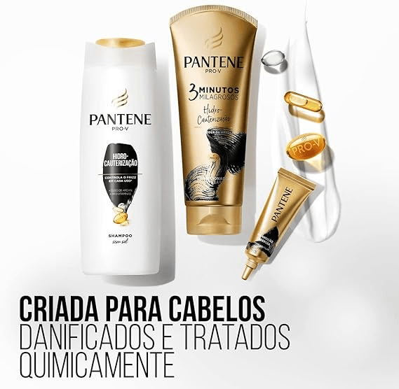 Conjunto Pantene Hidro-Cauterização mostrando shampoo, tratamento e ampola