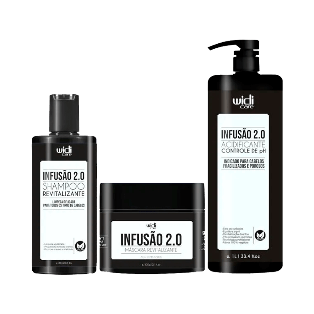 Kit Widi Care Infusão 2.0 Completo: shampoo, máscara e acidificante – tratamento vegano para cabelos danificados