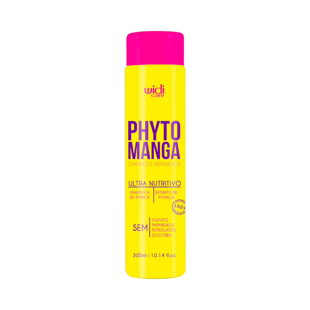 Frasco frontal do Shampoo Widi Care PhytoManga Reparador 300ml em embalagem amarela com tampa rosa