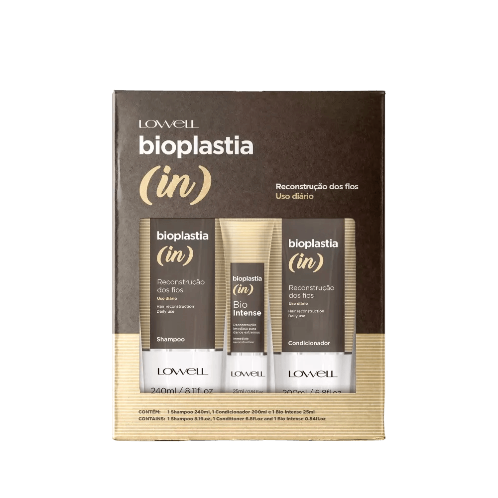 Imagem do kit mostrando shampoo, condicionador e máscara para reconstrução capilar