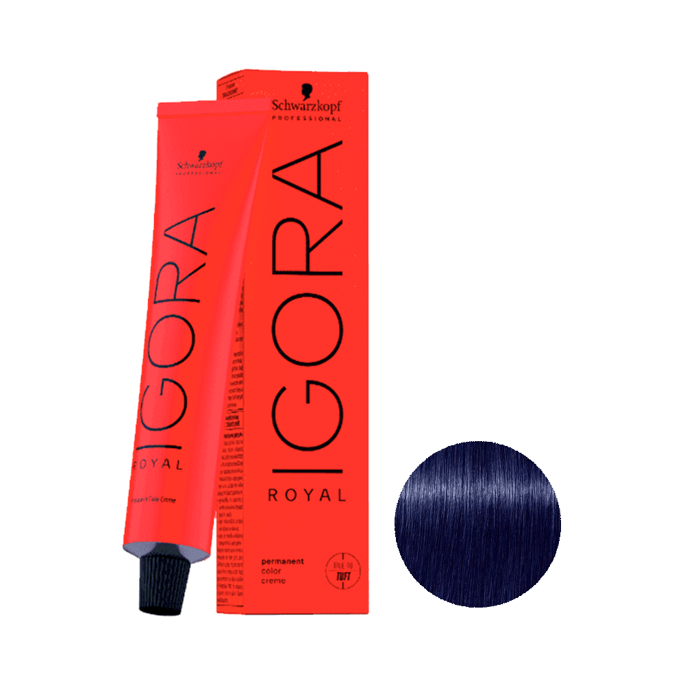 Coloração Igora Royal 0.22 Mistura Azul 60g - tubo e caixa vermelhos com círculo mostrando tom azul