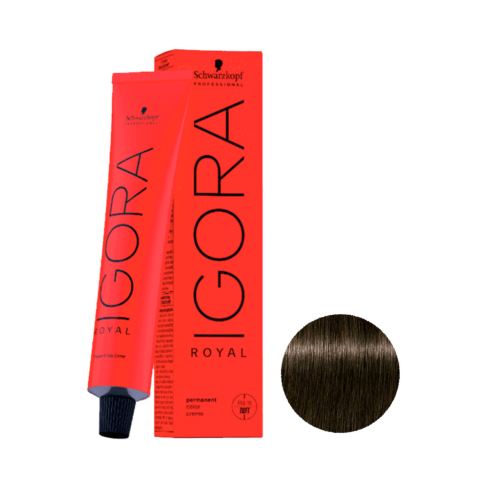 Coloração Igora Royal 5.1 Castanho Claro Cinza 60g - embalagem vermelha e amostra de cor