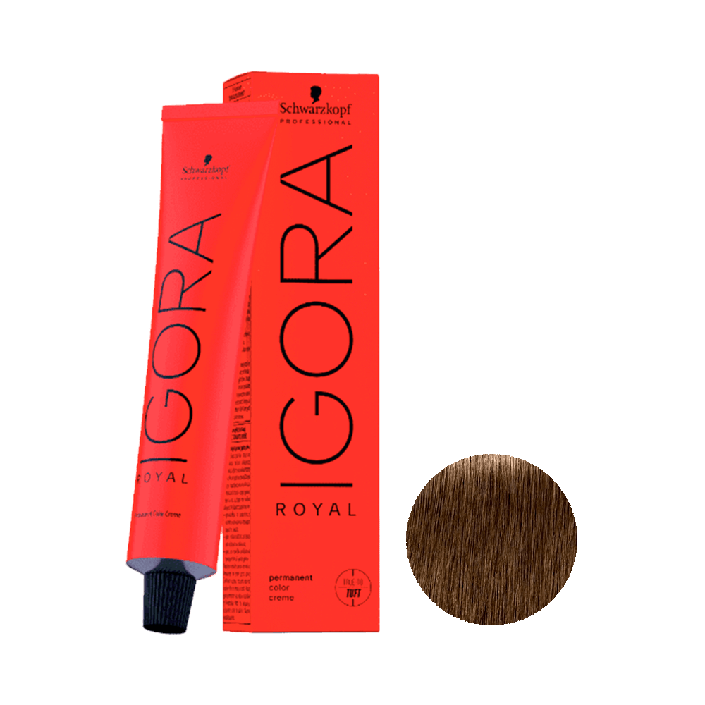 Coloração Igora Royal 7.0 Louro Médio 60g - embalagem e tubo vermelho com amostra da cor