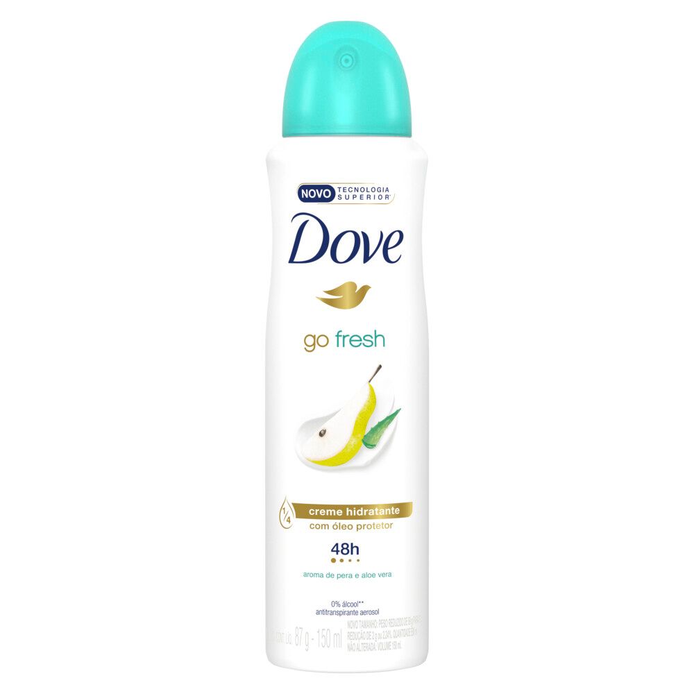 Frontal do desodorante Dove Go Fresh Pera 150 ml, embalagem branca com tampa azul-turquesa e ilustração de pera