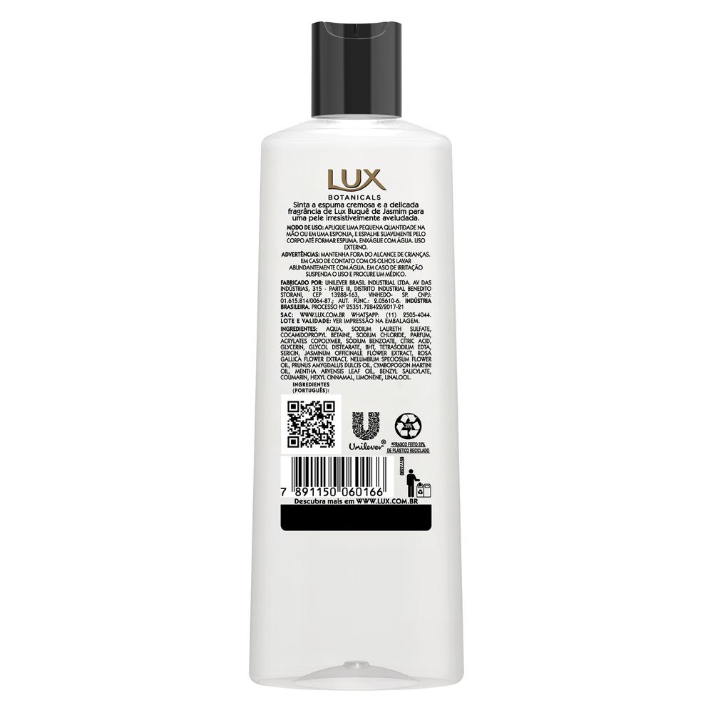 Verso do sabonete Lux Buquê de Jasmim mostrando ingredientes e informações