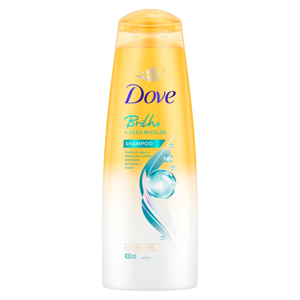 Frasco Dove Brilho 400ml com destaque para fórmula Brilho + Óleo Micelar