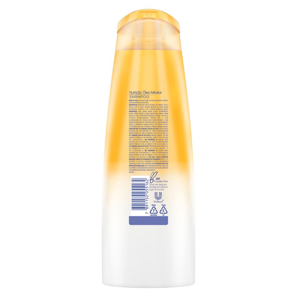 Verso do frasco Shampoo Dove Brilho 400ml com informações de uso e ingredientes