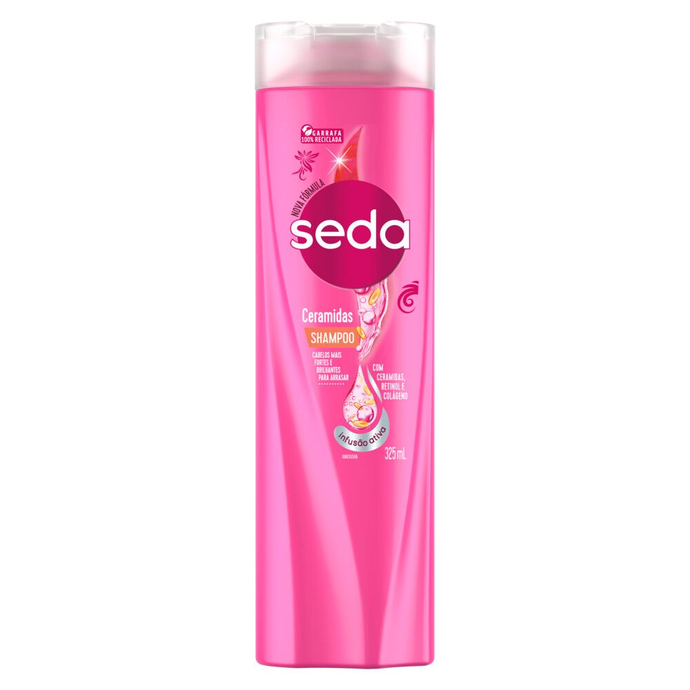 Frontal do Shampoo Seda Ceramidas 325ml - embalagem rosa com destaque Ceramidas, Retinol e Colágeno