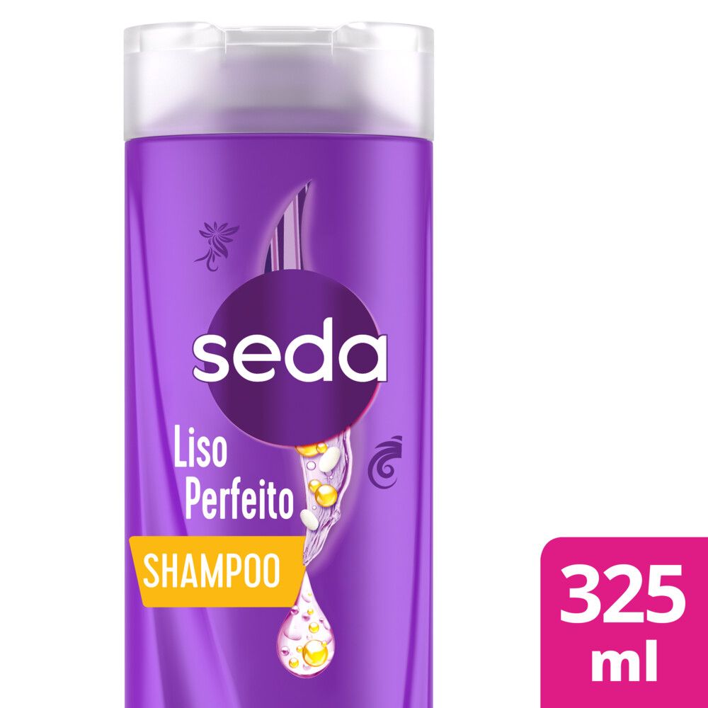 Detalhe frontal do rótulo do Shampoo Seda Liso Perfeito 325ml mostrando logo e volume