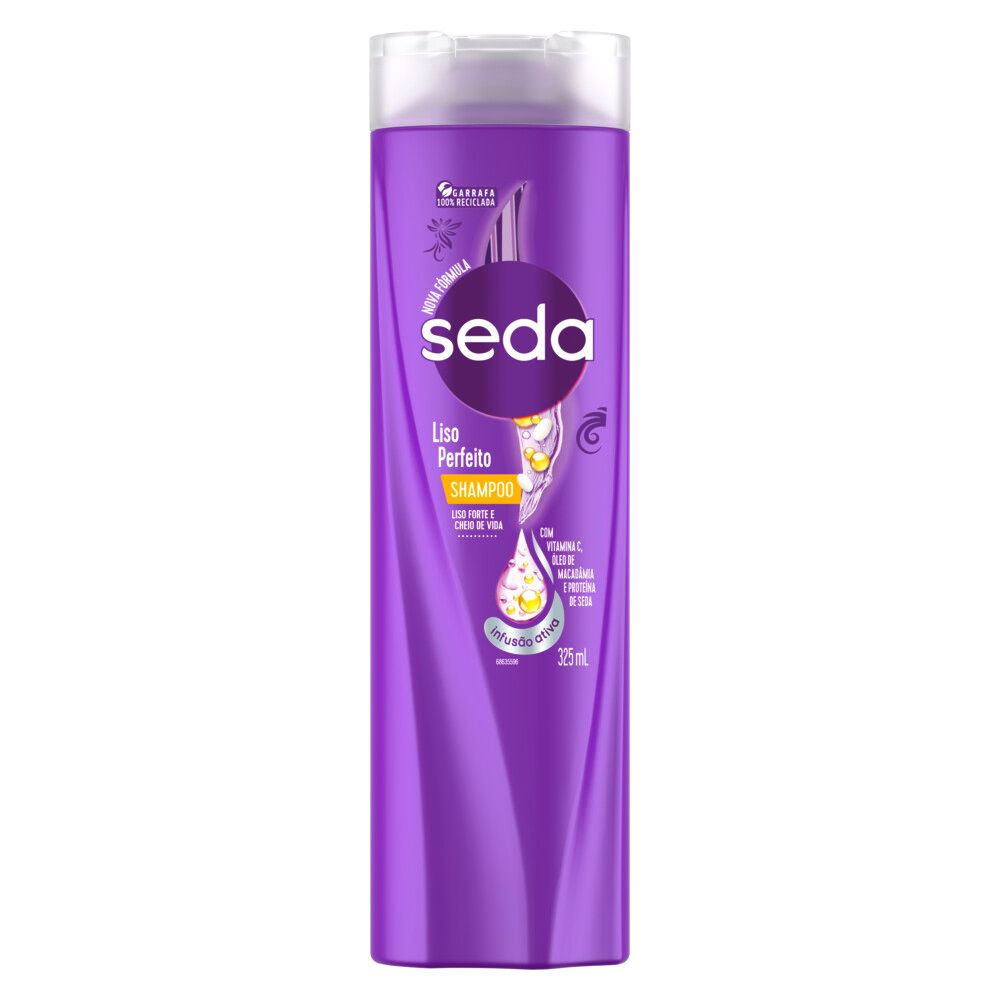 Frasco do Shampoo Seda Liso Perfeito 325ml - embalagem roxa, ingredientes e selo de frasco reciclável