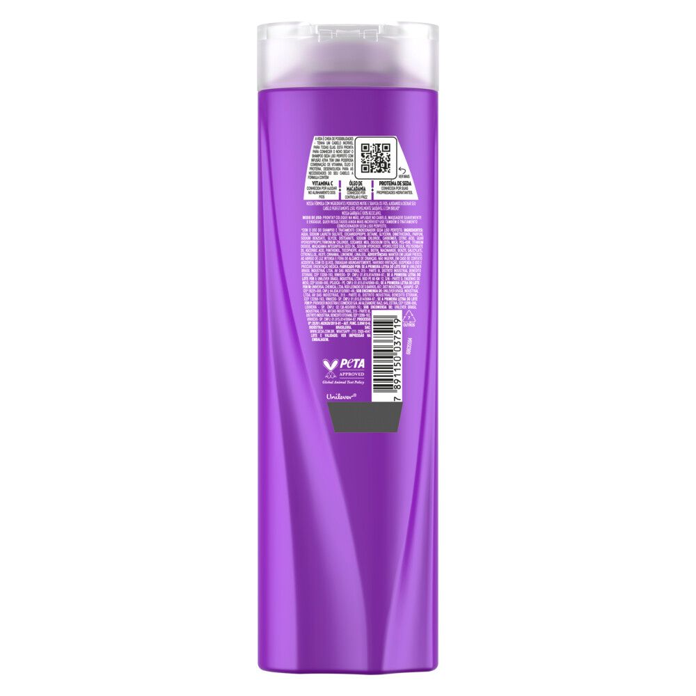 Verso do frasco do Shampoo Seda Liso Perfeito 325ml com informações de composição e selo PETA