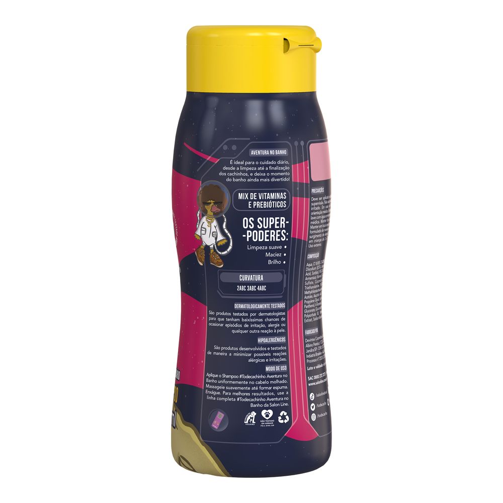Lateral do frasco com informações de composição e uso do Shampoo S.O.S Cachos Kids