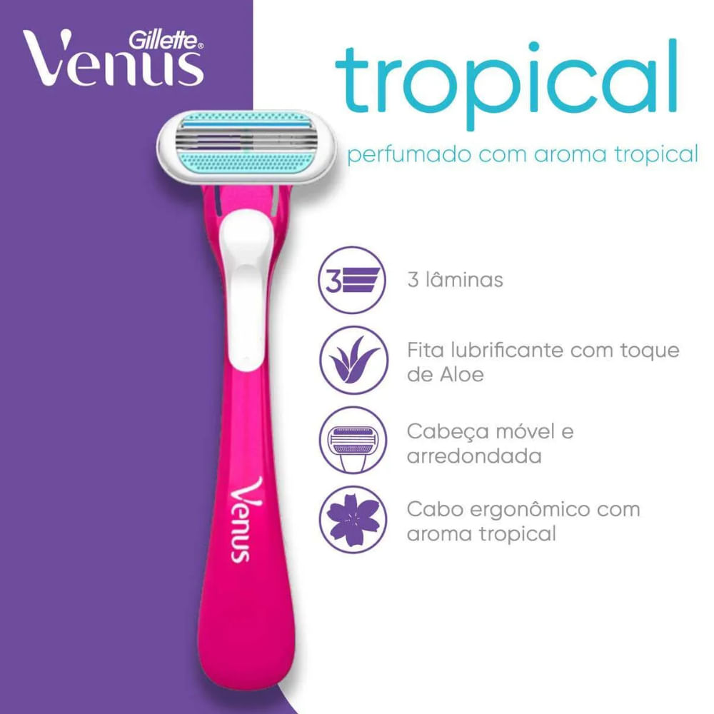 Aparelho rosa Venus Tropical mostrando as três lâminas e a fita lubrificante