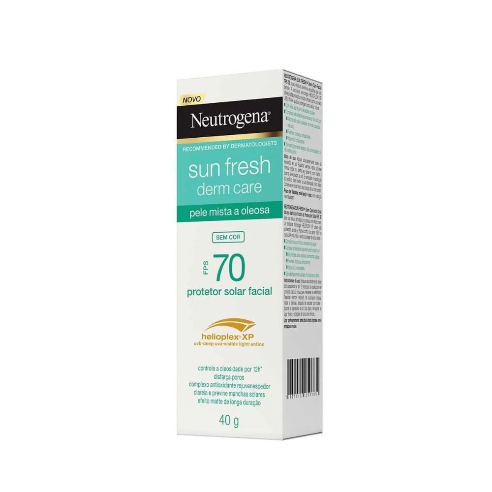 Caixa do protetor solar Neutrogena Sun Fresh FPS 70 mostrando embalagem e informações