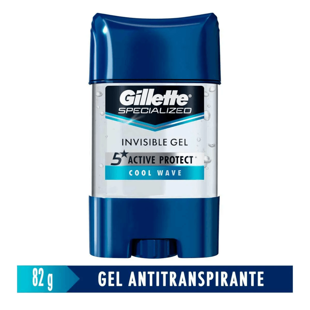 Embalagem do desodorante Gillette Clear Gel Cool Wave mostrando o gel transparente e identificação 82g