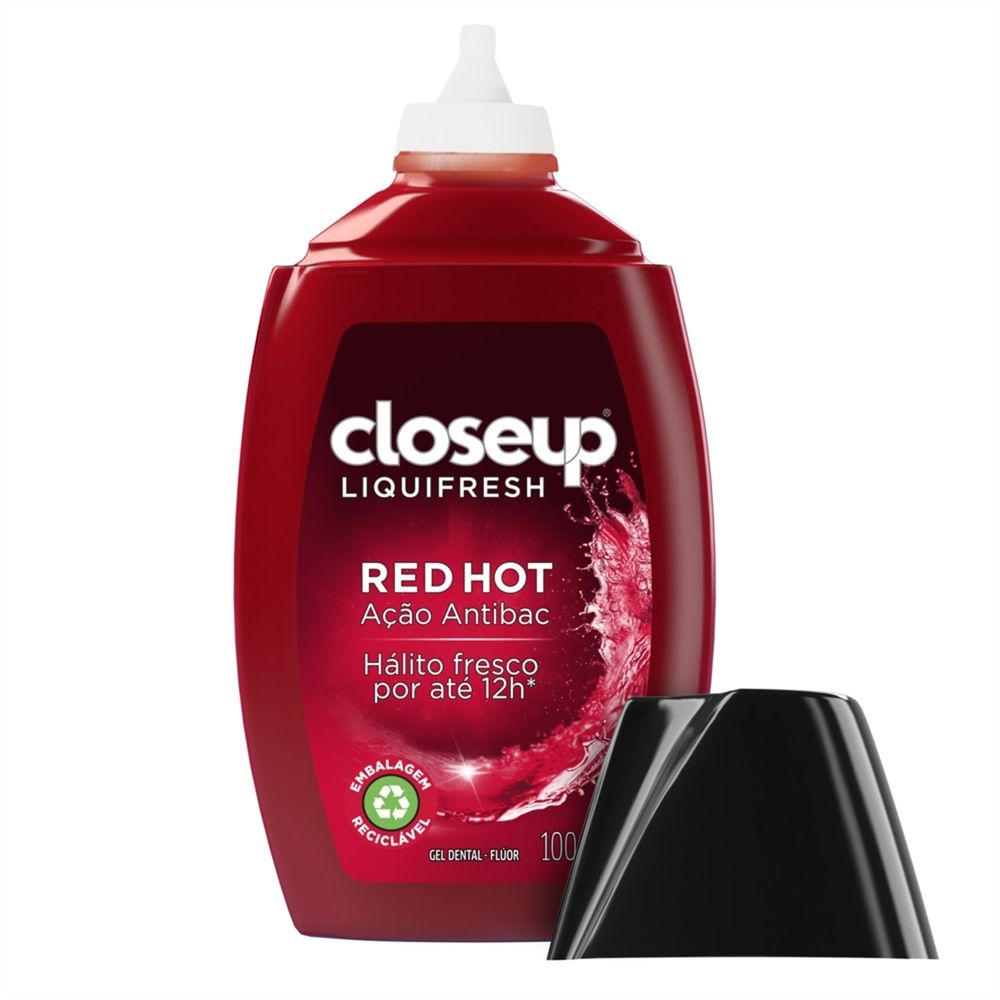 Frente da embalagem e tampa destacada do Gel Dental Close Up Red Hot Liquifresh 100g