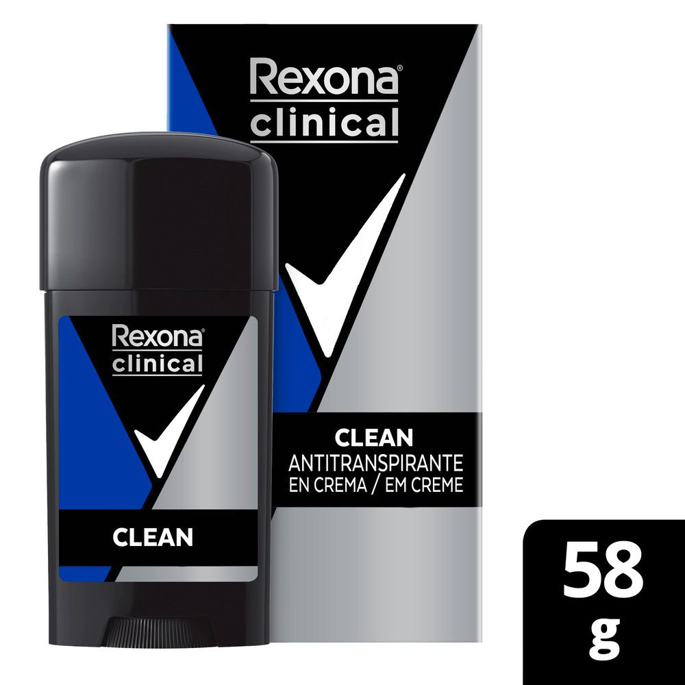 Desodorante Rexona Clinical Clean com caixa - embalagem e rótulo em destaque