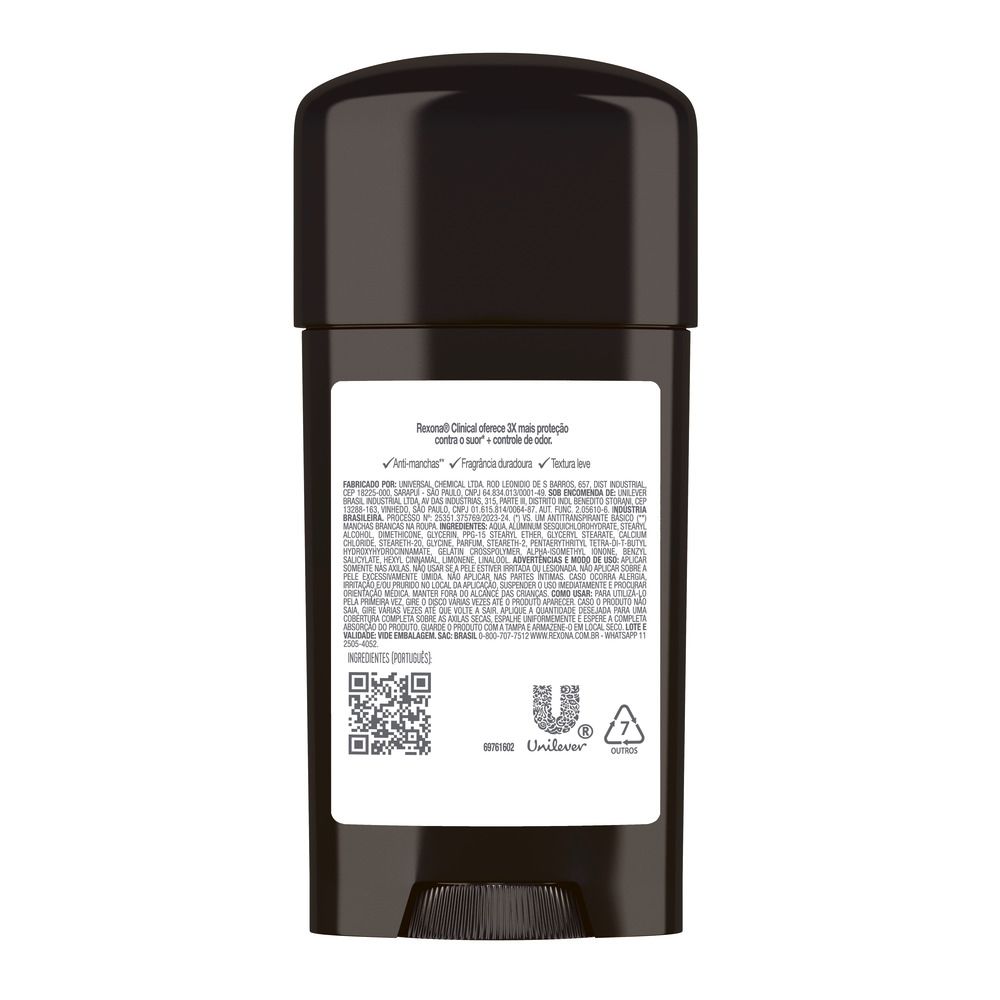 Verso da embalagem Rexona Clinical Clean com informações e ingredientes