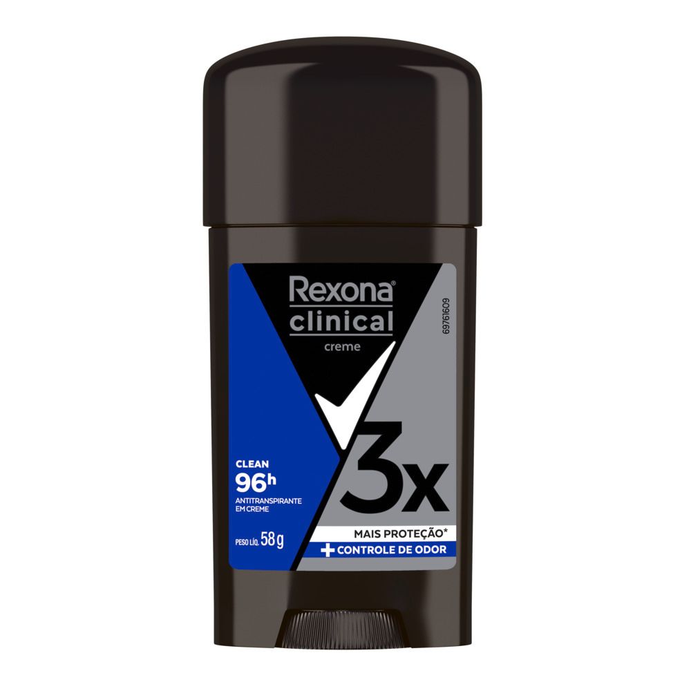 Desodorante Rexona Clinical Clean em creme - visão frontal da embalagem preta com rótulo azul e cinza