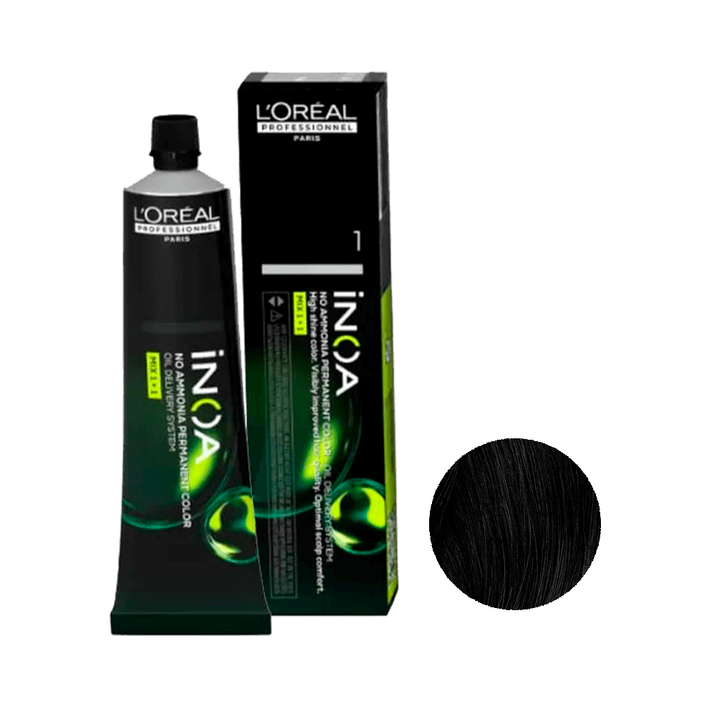 Coloração L'Oréal Professionnel Inoa 1 Preta 60ml - tubo e amostra da cor