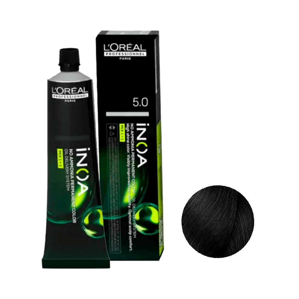 Coloração L'Oréal Professionnel Inoa 5.0 Castanho Claro Profundo 60ml - tubo e caixa em fundo preto