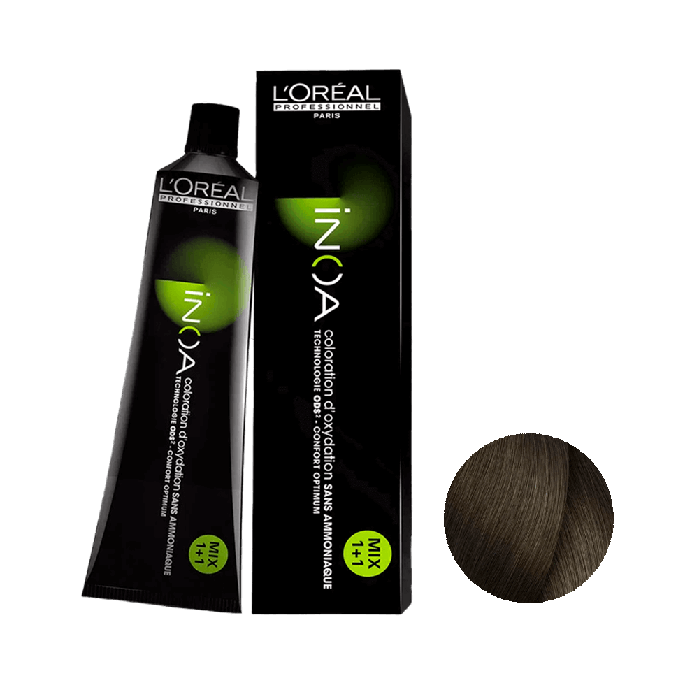 Coloração L'Oréal Professionnel Inoa 6 Louro Escuro 60g - embalagem preta com detalhe verde e círculo mostrando a cor louro escuro