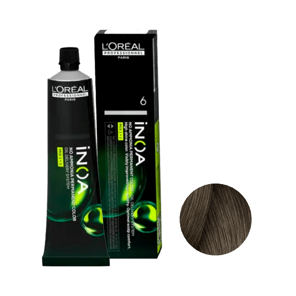 Coloração L'Oréal Professionnel Inoa 6 Louro Escuro 60ml - tubo e caixa preta com detalhes verdes