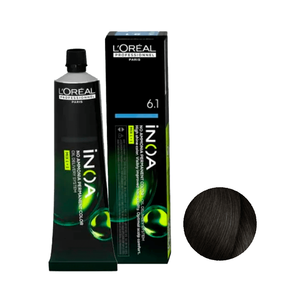 Embalagem e tubo da coloração L'Oréal Professionnel Inoa 6.1 com amostra da cor louro escuro acinzentado
