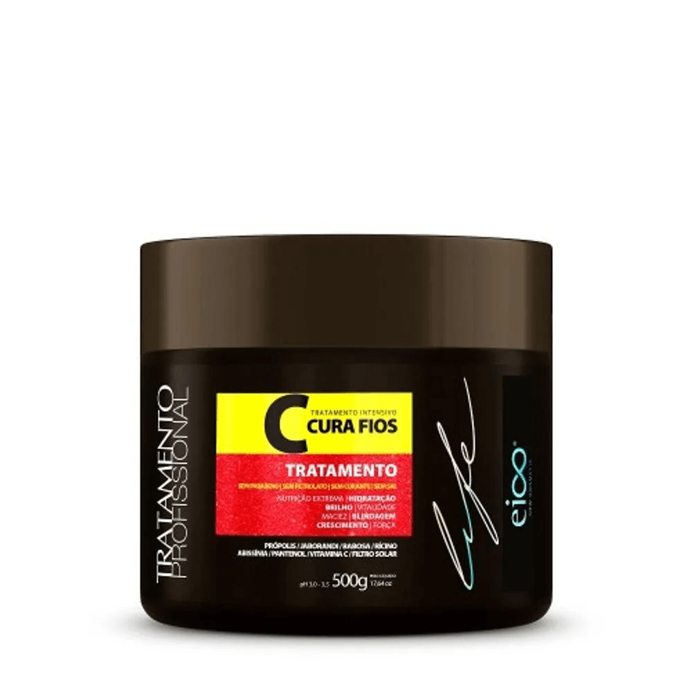 Máscara Capilar Eico Cura Fios 500g - pote frontal com rótulo amarelo e vermelho
