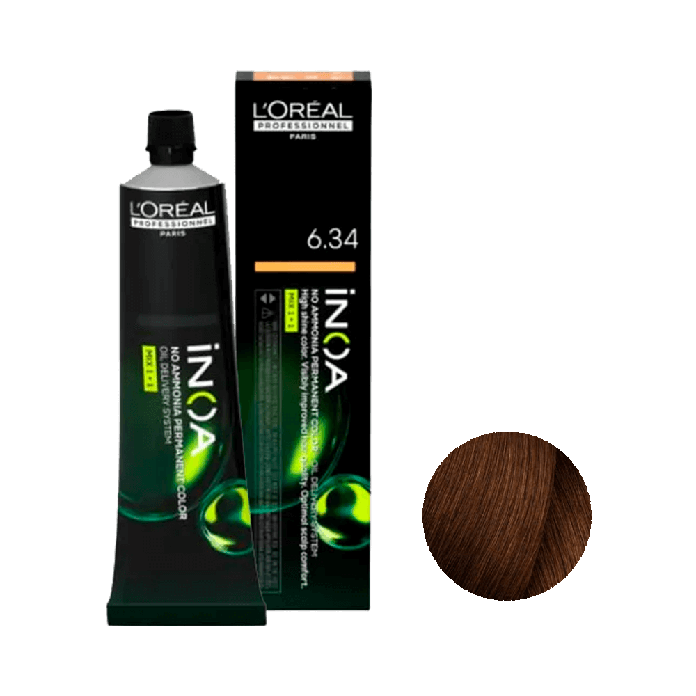 Coloração L'Oréal Professionnel Inoa 6.34 tubo e caixa, tom louro escuro dourado acobreado