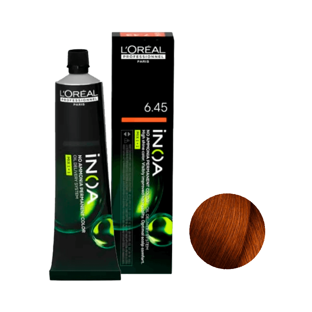 Coloração L'Oréal Professionnel Inoa 6.45 em tubo com amostra da cor acobreado acaju