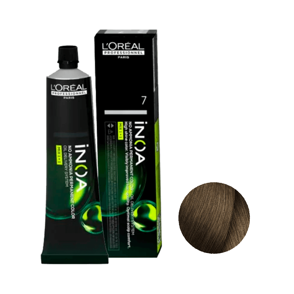 Coloração L'Oréal Professionnel Inoa 7 Louro 60g - embalagem preta com detalhes verdes e amostra da cor loiro