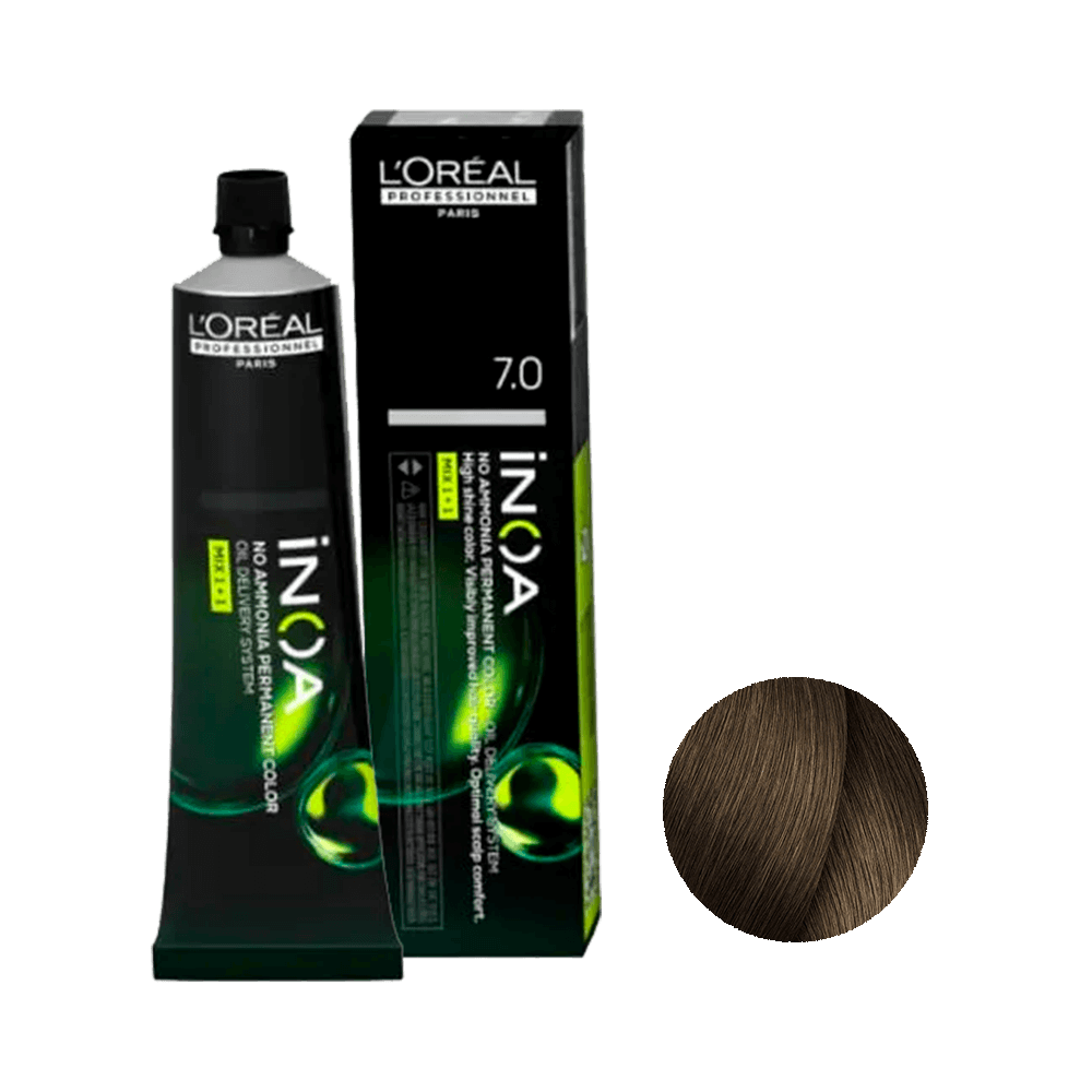 Coloração L'Oréal Professionnel Inoa 7.0 Louro Médio Profundo - tubo e embalagem