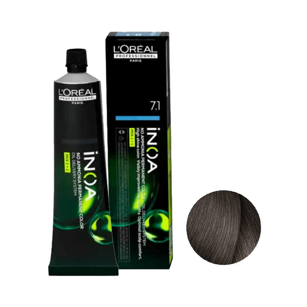 Tubo e caixa da coloração L'Oréal Professionnel Inoa 7.1 Louro Acizentado 60g