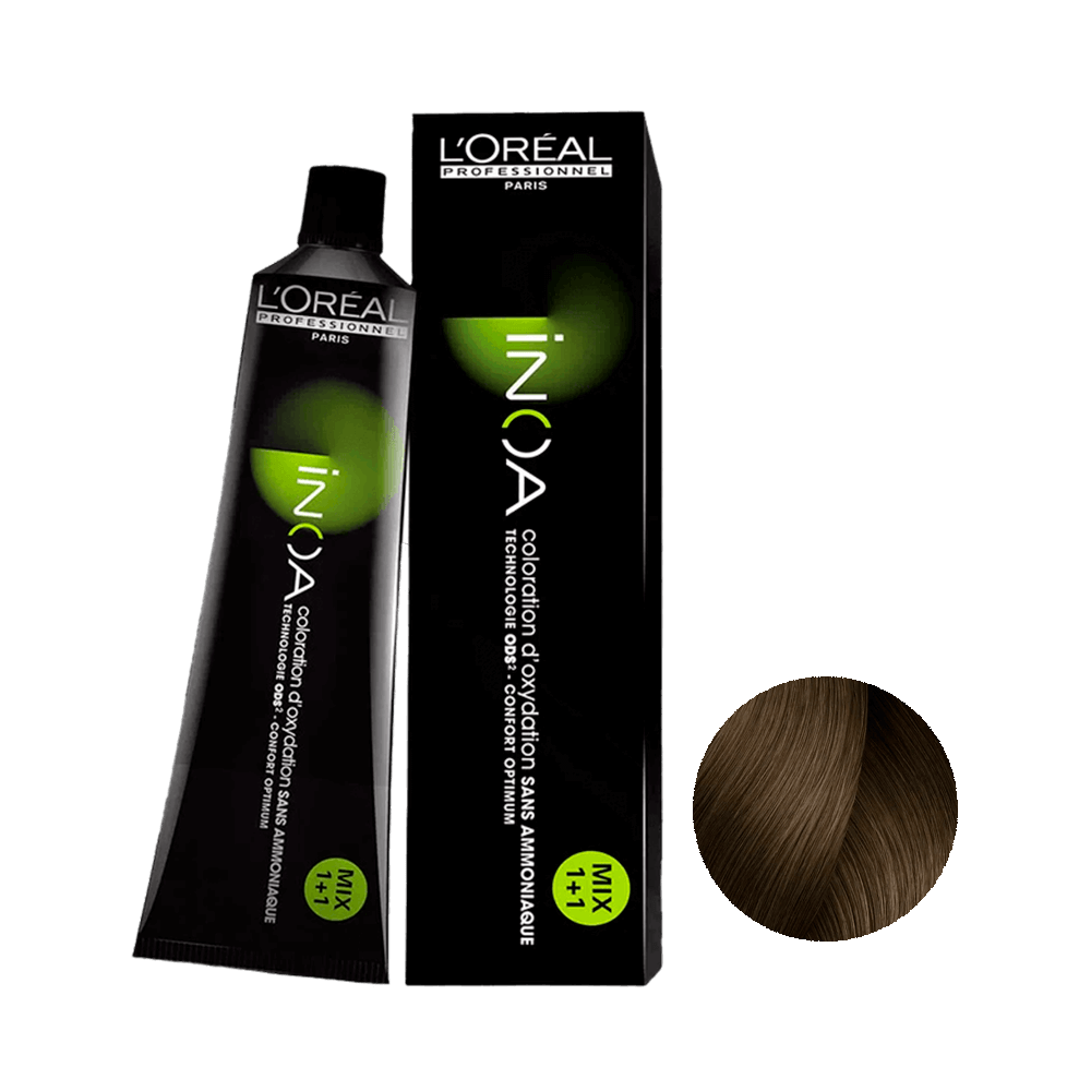 Tubo e embalagem da coloração L'Oréal Professionnel Inoa 7.13 com amostra de cor louro acinzentado dourado